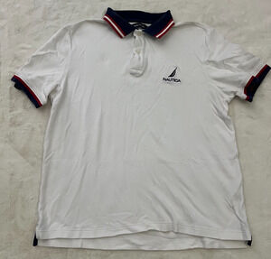 Nautica Mens M White Polo Shirt Short Sleeve Cotton Logo Navy Red Trim Classic